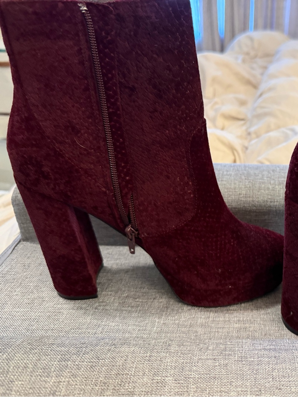 Call It Spring Wine Velvet Block Heel Ankle Boots